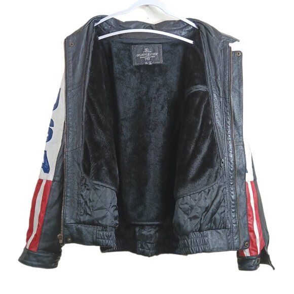 Golden Leather USA Flag Bomber Jacket Mens XL Fur Zip Biker America Y2K Patriot - Picture 3 of 6